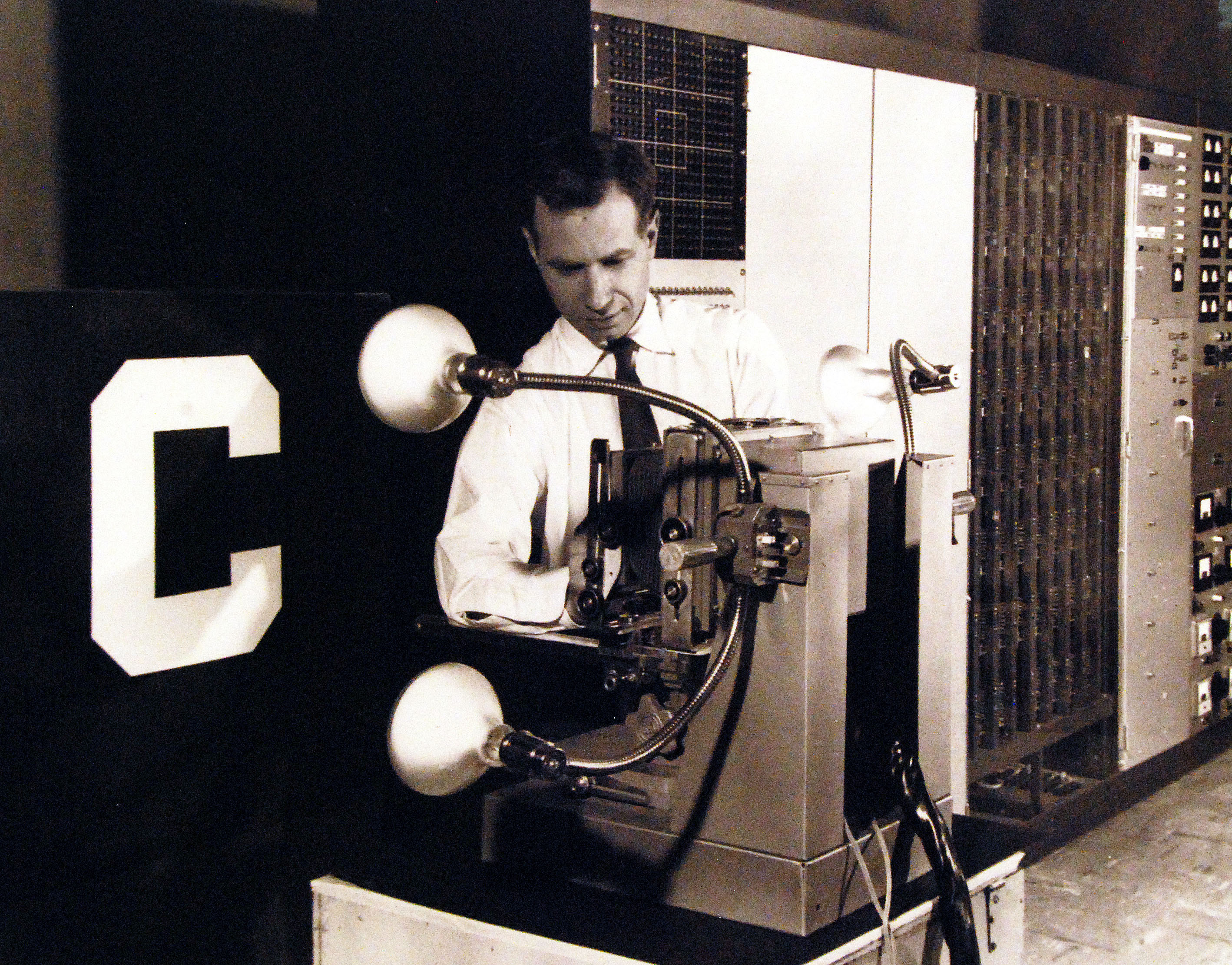 Mark I Perceptron machine with a large letter C in front of it, 1960